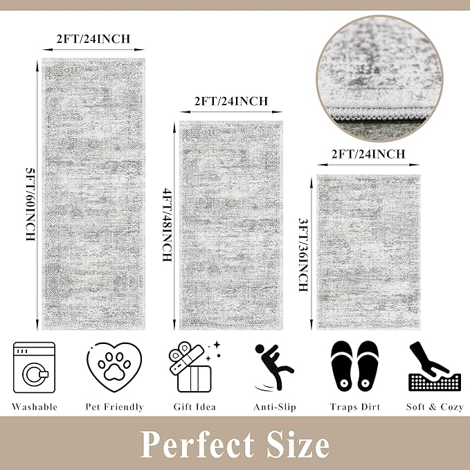 Washable Non-Slip 3 Piece Kitchen Rugs Set – Modern Boho Low-Pile Area Rugs and Runner for Entryway Bathroom Hallway – Decorative Small Indoor Rugs (Grey Ivory, 2x3+2x4+2x5)
