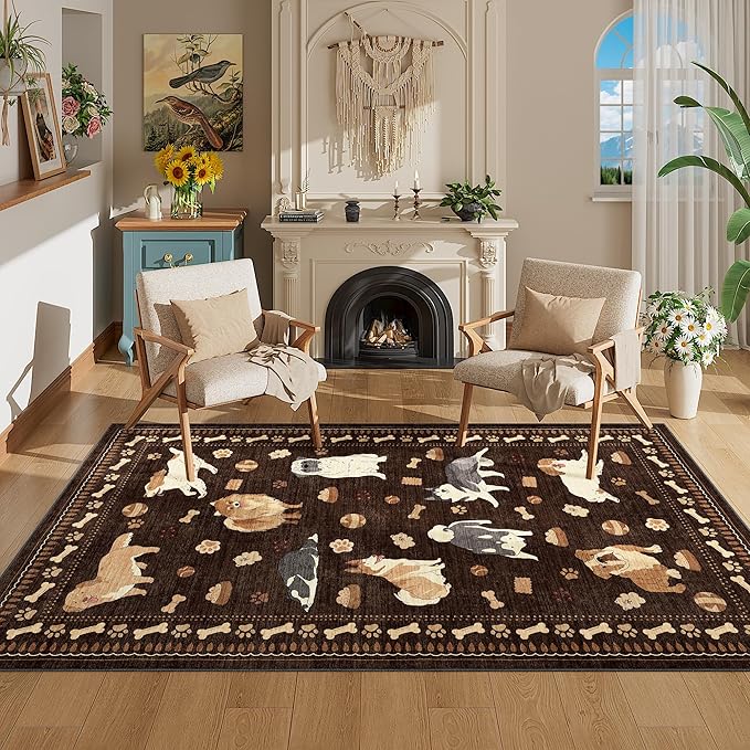 DUKINO 3x5 Area Rug, Lightweight Washable Entryway Rug with Non Slip & Low Pile, Soft Non Shedding Animal Dog Print Pattern Indoor Throw Carpet for Bedroom, Kitchen, Bathroom, Kids Room, Office, Brown
