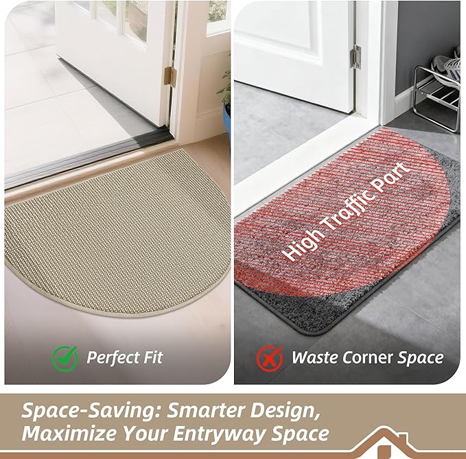BEQHAUSE Dirt Trapper Door Mat 32" x 48" Half Circle Non-Slip Washable Doormats Entrance Rugs Absorbent Welcome Low Profile Floor Mats for Front Back Door and Entryway, Light Beige