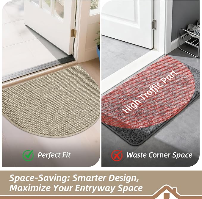BEQHAUSE Dirt Trapper Door Mat 17" x 30" Half Circle Non-Slip Washable Doormats Entrance Rugs Absorbent Welcome Low Profile Floor Mats for Front Back Door and Entryway, Light Beige