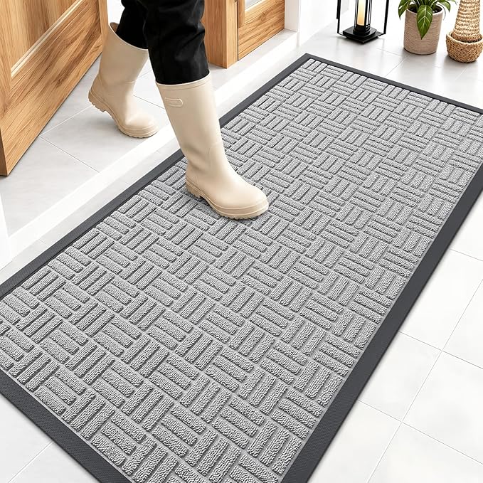 OLANLY Front Door Mat Outside Entrance 47x23, Absorbent, Heavy Duty Sturdy Natural Rubber Doormat Indoor Outdoor, Non-Slip, Stain and Fade Resistant, Low Profile Floor Mat for Entryway, Light Gray