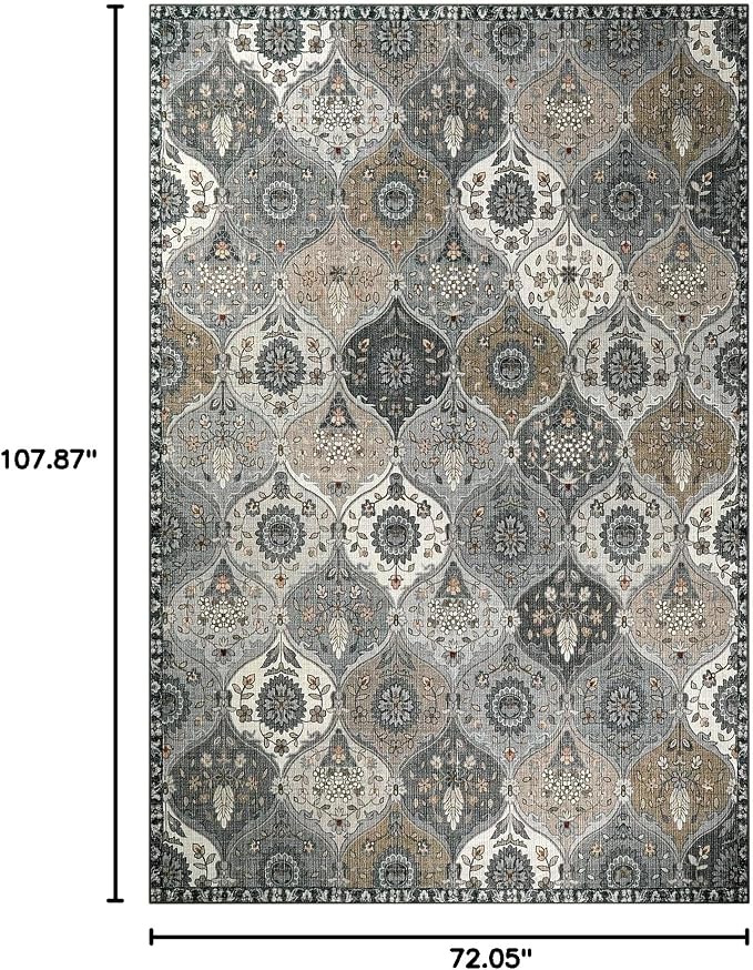 Lahome Moroccan Washable Area Rug 6x9, Ultra-Thin Large Living Room Rugs for Bedroom, Oriental Trellis Distressed Non Shedding Throw Carpet for Dining Room Office Elise, Grey