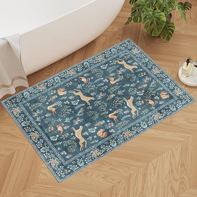 DUKINO 2x3 Rug, Washable Animal Rugs for Entryway, Non Slip Indoor Door Mat, Soft Low Pile Small Area Carpet for Entrance, Bedroom, Kitchen, Laundry, Bathroom, Blue