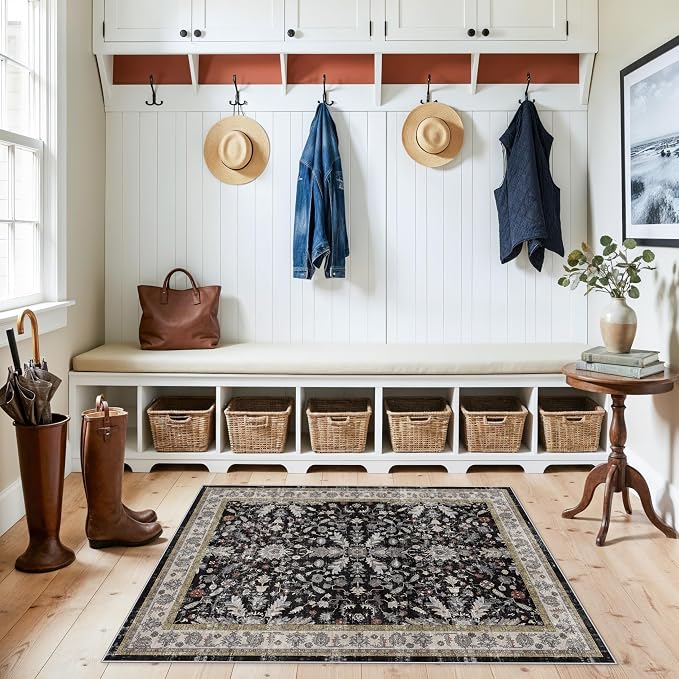 3x4 Entryway Rug Washable Non-Slip–Boho Floral Stain-Resistant Small Area Rug for Kitchen Bedroom Bathroom – Soft Low-Pile Thin Indoor Door Mat (Black,3x4)