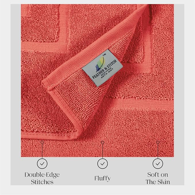 Feather & Stitch 2 Piece Towel Like Bath Mats (30x21 Inch) 100% Cotton Terry Bath Mat, Bathroom Shower Floor Mat [NOT A Bathroom Rug], Soft Absorbent Washable Mats - Coral