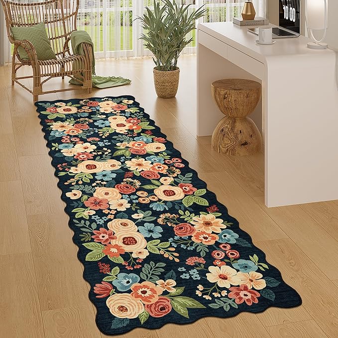 DUKINO 2x10 Runner Rug for Hallway, Washable Kitchen Rug with Non Slip Backing & Non-Shediing, Soft Low Pile Floral Design Runner for Bedroom, Kithchen, Living Room, Laundry, Bathroom, Navy Blue