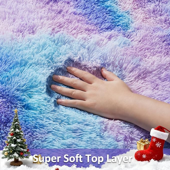 Ophanie Round Rugs 5Ft Tie-Dye Rainbow Purple Area Rug, Aesthetic Room Decor, Fluffy Fuzzy Bedroom Carpet, Plush Soft Shaggy Colorful Living Room Rugs for Kids Home, Nursery
