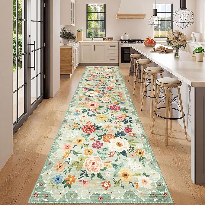 DUKINO 3x12 Washable Runner Rug, Non Slip Soft Floral Hallway Runner Rug with Non Shedding Design, Low Pile Long Floor Carpet for Kitchen, Hallway, Bathroom, Entryway, Laundry, Green