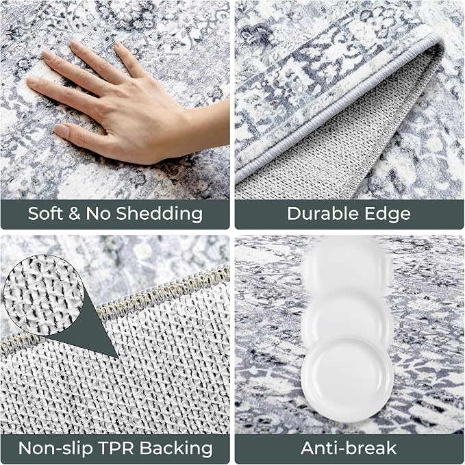 GRANNY SAYS Boho Kitchen Rug Sets of 3, Non Slip Washable Faux Wool Kitchen Mats for Floor, Thick Soft Anti-Fatigue Comfort Standing Mat Runner Rugs for Hallway Laundry Room, Grey