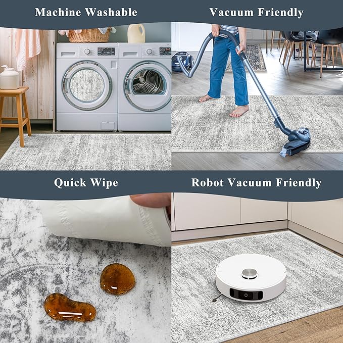 Washable Kitchen Rugs Sets of 4, Non Slip Standing Mat Rug, Stain Resistant Waterproof Kitchen Mats for Floor Kitchen Sink Laundry Entryway (Grey Ivory, 2x3+2x4+2x5+2x6)