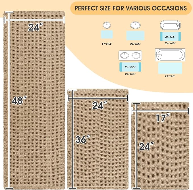 Upgrade Waffle Bath Mat Set 3 Piece, Boho Bathroom Rugs Absorbent Non Slip, Soft Bathroom Mats, Machine Washable Knit Bath Rugs with Herringbones for Bathroom, Bedroom, Kitchen, Shower, Tub, Beige