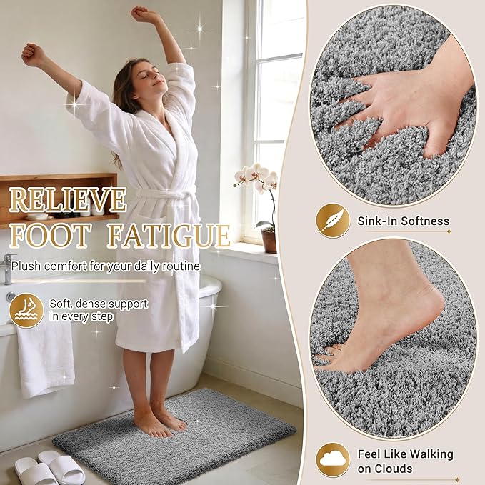 Yimobra Fluffy Plush Bath Rug, Super Shaggy Soft Comfortable Non Slip, Water Absorbent Microfiber Bath Mat, Dries Quickly, Machine Washable Thick Bathroom Rugs for Shower, 70" X 24", Pure Gray