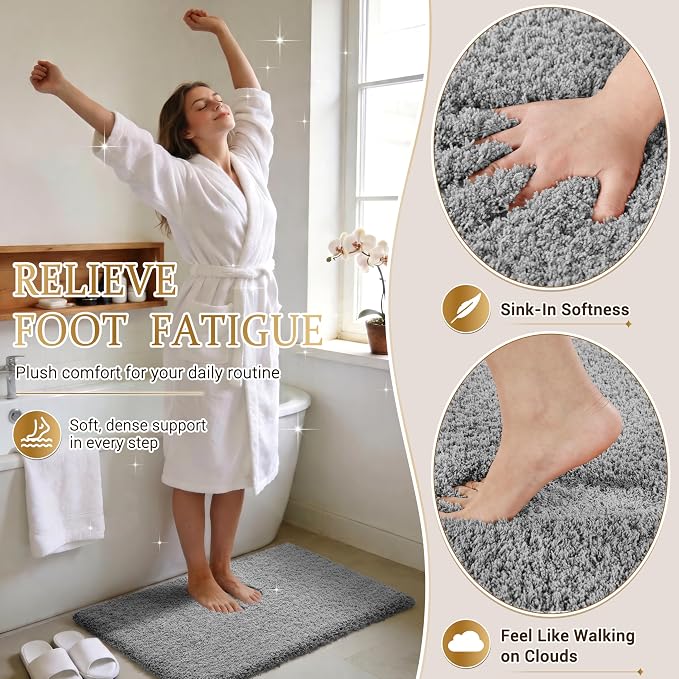 Yimobra Fluffy Plush Bath Rug, Super Shaggy Soft Comfortable Non Slip, Water Absorbent Microfiber Bath Mat, Dries Quickly, Machine Washable Thick Bathroom Rugs for Shower, 60" X 24", Pure Gray