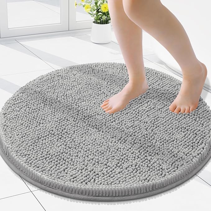 Smiry Luxury Chenille Round 24x24, Extra Soft and Absorbent Shaggy Bathroom Mat Rugs, Machine Washable, Non-Slip Plush Carpet for Tub, Shower, and Bath Room, Light Grey