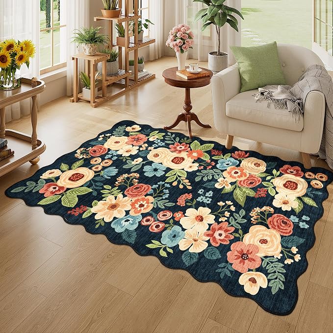 DUKINO 3x5 Area Rug, Floral Non-Slip Indoor Washable Rug with Low Pile & Non-Shedding, Lightwight Boho Design Carpet for Entryway, Bedroom, Kids Room, Living Room, Kitchen, Navy Blue