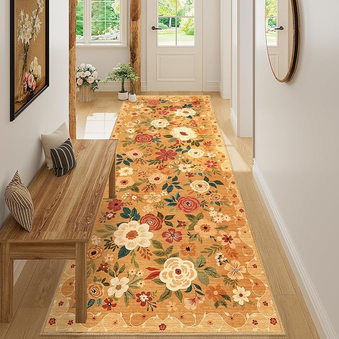 DUKINO 3x8 Runner Rug, Washable Rug for Kitchen with Non Slip Backing, Soft Non Shedding & Low Pile Design Long Floor Carpet Runner for Hallway, Bathroom, Entryway, Laundry, Orange