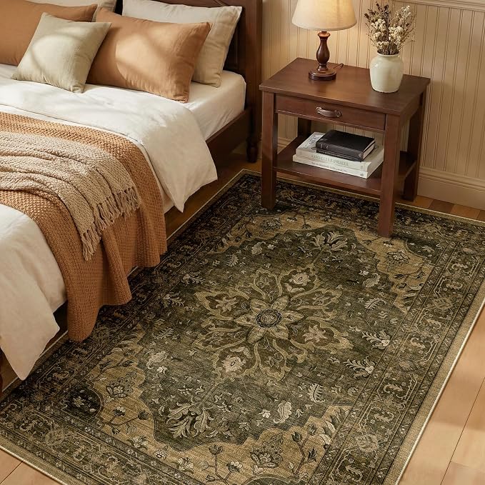 RELEANY Area Rugs 3'x4' Washable Non-Slip, Floral Vintage Distress Medallion Carpet for Living Room Bedroom Dining Room, Brown Dark Brown
