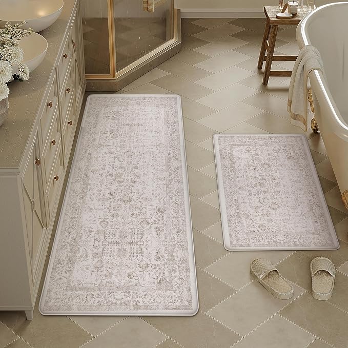 PureCozy Kitchen Mats 2PCS Anti Fatigue Cushioned Mat Light Brown Vintage Kitchen Mats for Floor Waterproof Non Slip Comfort Standing Retro Floral Rug for Sink Laundry Office 17.3"x59"+17.3"x30"