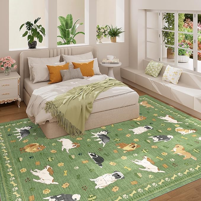 DUKINO 8x10 Area Rug, Non Slip Washable Animal Dog Rug for Living Room, Stain Resistant & Low Pile Indoor Floor Large Carpet for Bedroom, Farmhouse, Nursery, Dining Room, Kids Playroom, Green