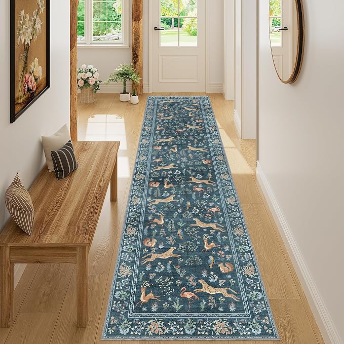 DUKINO Runner Rug, 2x8 Washable Kitchen Rugs for Hallways with Non Slip Backing, Soft Low Pile Vintage Animal Runner for Kitchen, Hallway, Entryway, Laundry, Bedroom, Blue