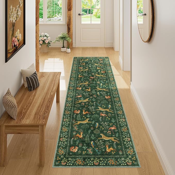 DUKINO Runner Rug, 2x7 Washable Kitchen Rugs for Hallways with Non Slip Backing, Soft Low Pile Vintage Animal Runner for Kitchen, Hallway, Entryway, Laundry, Bedroom, Green