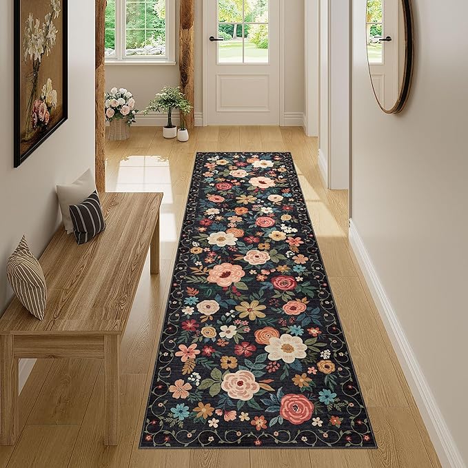 DUKINO Runner Rug, 2x7 Boho Kitchen Rug for Hallways with Low Pile Design, Washable Non Slip Backing Soft Floral Runner for Kitchen, Hallway, Entryway, Bedroom, Laundry, Black