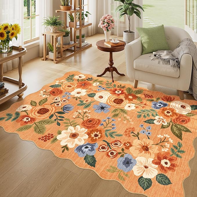DUKINO 4x6 Area Rug, Floral Non-Slip Indoor Washable Rug with Low Pile & Non-Shedding, Lightwight Boho Design Carpet for Entryway, Bedroom, Kids Room, Living Room, Kitchen, Orange