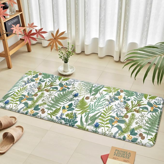 White Green Botanical Kitchen Rugs Set of 2 Plant Leaf Anti-Fatigue Kitchen Mat Natural Comfort Standing Waterproof PVC Mats 2/5" Thick Leather Carpet for Laundry Office Sink(17.3" x28" + 17.3" x 47")