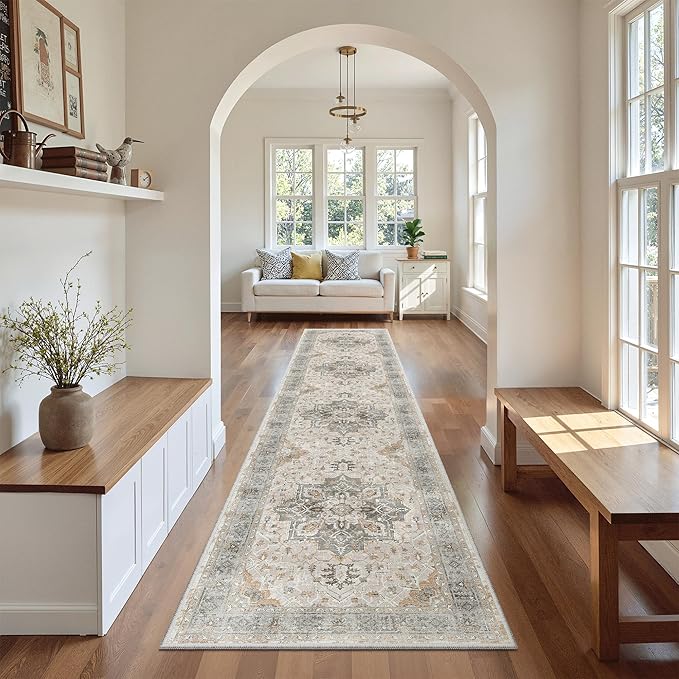 Madane Hallway Runner Rug 2x12, Long Washable Runner Rugs 12ft with Rubber Backing, Non Slip Carpet Runner, Vintage Rug Runners for Kitchen Laundry Room Entryway (Light Taupe Brown, 2'x12')