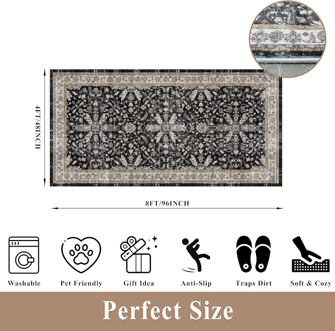 4x8 Rug Washable for Entryway Kitchen – Non-Slip Rubber Backed Area Rug for Hallway Bedroom Living Room Office,Boho Floral Low Pile Thin Floor Indoor Mat (Black,4x8)