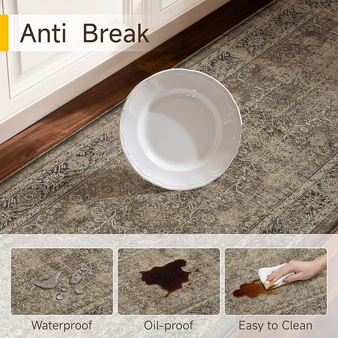 PureCozy Kitchen Mats 2PCS Anti Fatigue Cushioned Mat Brown Vintage Kitchen Mats for Floor Waterproof Non Slip Comfort Standing Distressed Rug for Sink Laundry Office 17.3"x47"+17.3"x30"