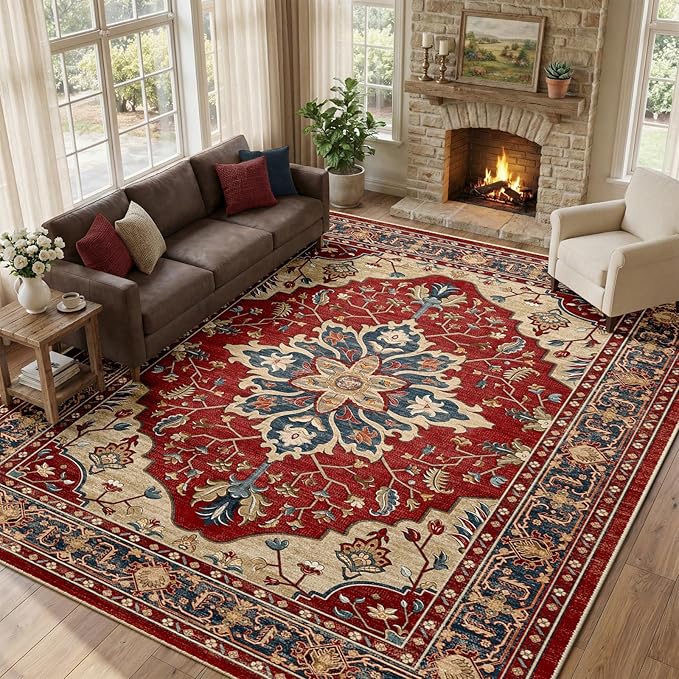RELEANY Area Rugs Large 10'x12' Washable Non-Slip, Floral Vintage Distress Medallion Carpet for Living Room Bedroom Dining Room, Red Blue