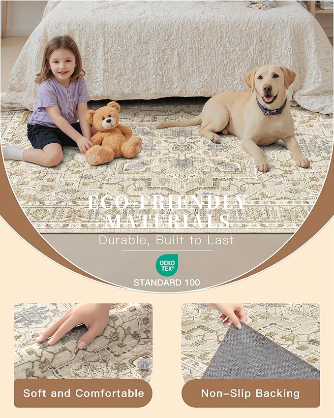 Madane Washable Area Rug 2x4, Small Entryway Rug Non-Slip Vintage Door Mat Indoor Entrance, Low Pile Floor Carpet Runner for Inside Front Door Kitchen Entry Laundry, Beige/Blue