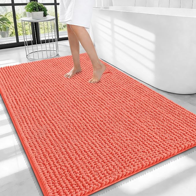 OLANLY Thick Large Bathroom Rugs 40x32, Extra Soft Absorbent Chenille Bath Rugs, Rubber Backing, Machine Wash Dry, Bath Mats for Bathroom Floor, Tub and Shower, Home Decor Accessories, Coral
