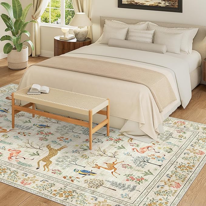 DUKINO 9x12 Rug, Washable Animal Living Room Rug with Non Slip Vintage Design, Soft Low Pile Large Carpet for Bedroom, Nursery, Dining Room, Farmhouse, Playroom, White