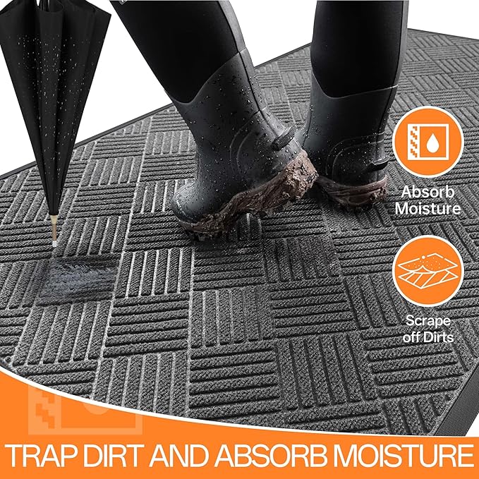 Indoor Outdoor Door Mat, 4’x 3' Doormat for Entryway, Rubber Backing Non Slip Front Door Mat Outside Entrance, Super Absorbent Commercial Floor Mat for Home Office, Gray