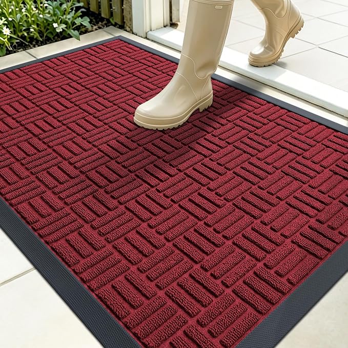 OLANLY Front Door Mat Outside Entrance 35x23, Absorbent, Heavy Duty Sturdy Natural Rubber Doormat Indoor Outdoor, Non-Slip, Stain and Fade Resistant, Low Profile Floor Mat for Entryway, Black Red
