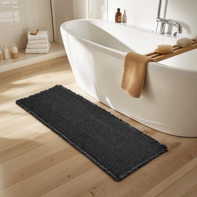 SUBRTEX Waffle Braided Bath Mat, 24" x 55" Soft Waffle Bath Rugs, Absorbent Non Slip Bathrooom Mats, Machine Washable Area Rug for Bathroom, Quick Dry, Black