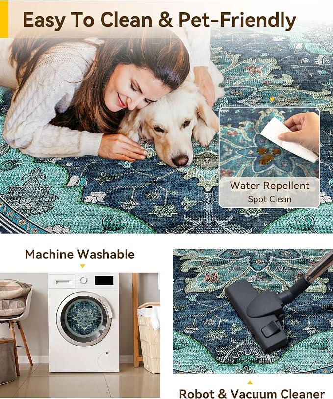 RELEANY Area Rugs Round 7ft Washable Non-Slip, Floral Vintage Distress Medallion Carpet for Living Room Bedroom Dining Room, Teal Green Lake Blue Turquoise