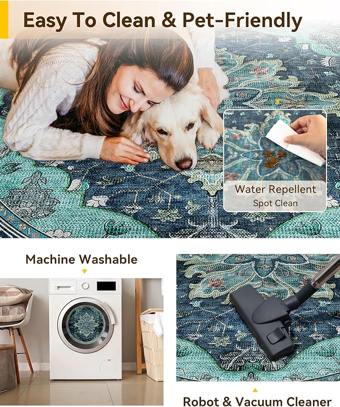 RELEANY Area Rugs Round 6ft Washable Non-Slip, Floral Vintage Distress Medallion Carpet for Living Room Bedroom Dining Room, Teal Green Lake Blue Turquoise