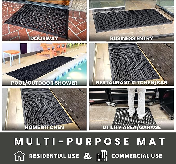 Envelor Anti Fatigue Mats for Kitchen Floor, Rubber Bar Mat, Non Slip Commercial Floor Mat with Drainage Holes, Indoor Outdoor Rubber Mat for Restaurant, Garage, Entryway, Entry Mat 36 x 60 in