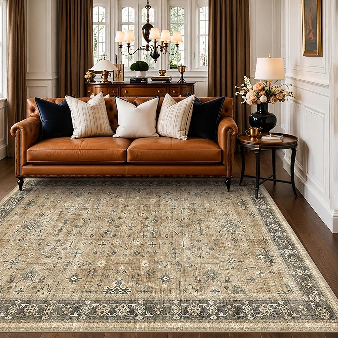Hazo Haus Rustic Taupe Area Rug 5x7 for Living Room - Machine Washable Rugs for Dining Room, Kitchen Floor, Small Office, Low Pile Non-Slip Rubber Backing & Stain Resistance