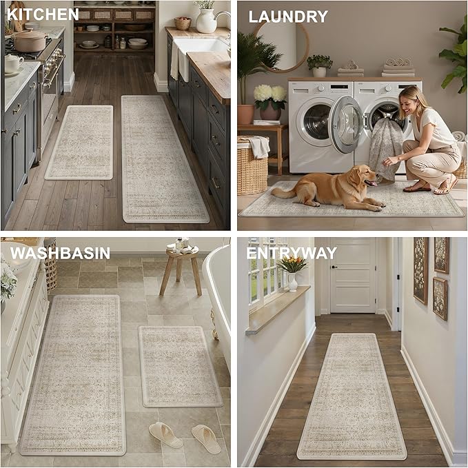 Vintage Kitchen Mats for Floor Anti Fatigue Waterproof Kitchen Rugs Sets of 2 Beige Cushioned Non-Slip Kitchen Mats Comfort Standing Mat for Sink Laundry Office 17.3"×47"+17.3"×30"