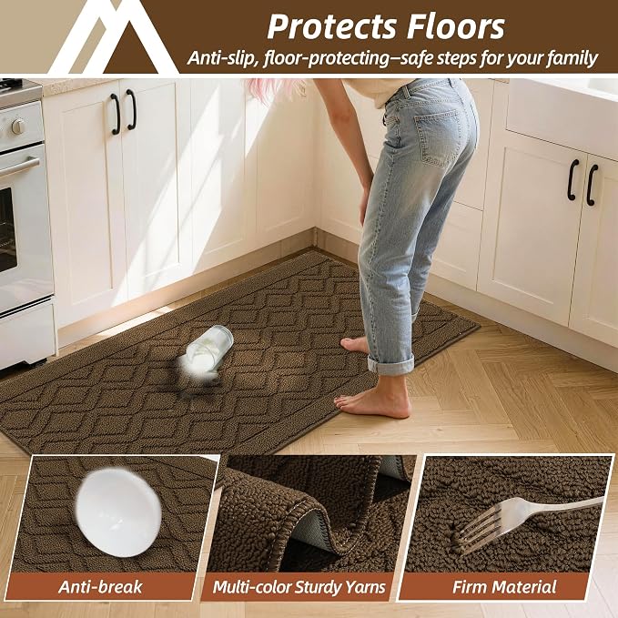 COSY HOMEER 60x24Inch/35X24Inch Kitchen Rugs Sets Non-Slip Washable Kitchen Mats for Floor Polypropylene Absorbent Kitchen Runner for Kitchen Sink Hallway Entryway(Brown)