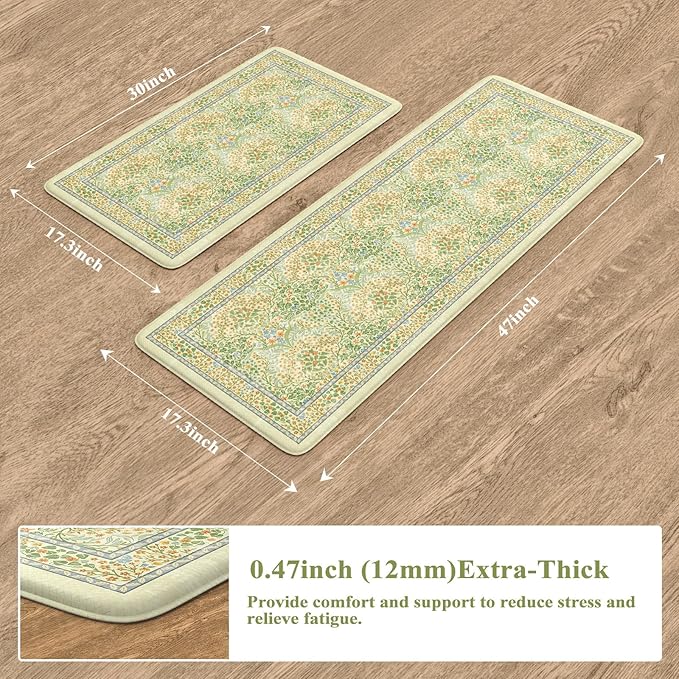 Collive Anti Fatigue Mats for Kitchen Floor, Waterproof Non Skid Kitchen Rugs Sets of 2 Vintage Floral Desk Rug, Foam Comfort Standing Mat for Office, Sink, Laundry, Light Green