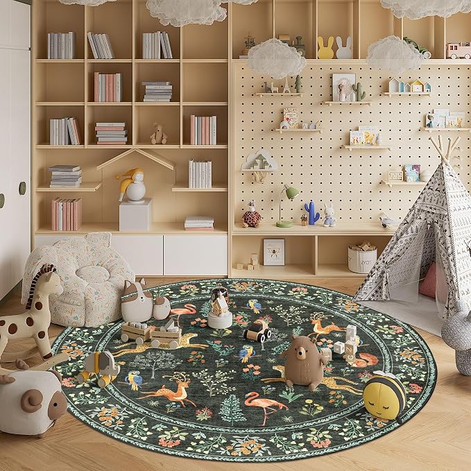 DUKINO 6ft Round Rug for Bedroom, Animal Print Washable Circle Rug with Low Pile Design, Soft Indoor Floor Non Slip Carpet for Entryway, Living Room, Office, Dining Room, Black