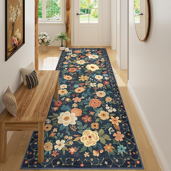 DUKINO 3x8 Runner Rug, Washable Rug for Kitchen with Non Slip Backing, Soft Non Shedding & Low Pile Design Long Floor Carpet Runner for Hallway, Bathroom, Entryway, Laundry, Navy Blue