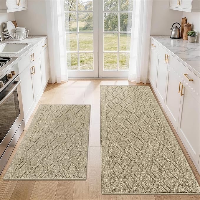 COSY HOMEER 60x24Inch/35X24Inch Kitchen Rugs Sets Non-Slip Washable Kitchen Mats for Floor Polypropylene Absorbent Kitchen Runner for Kitchen Sink Hallway Entryway(Beige)