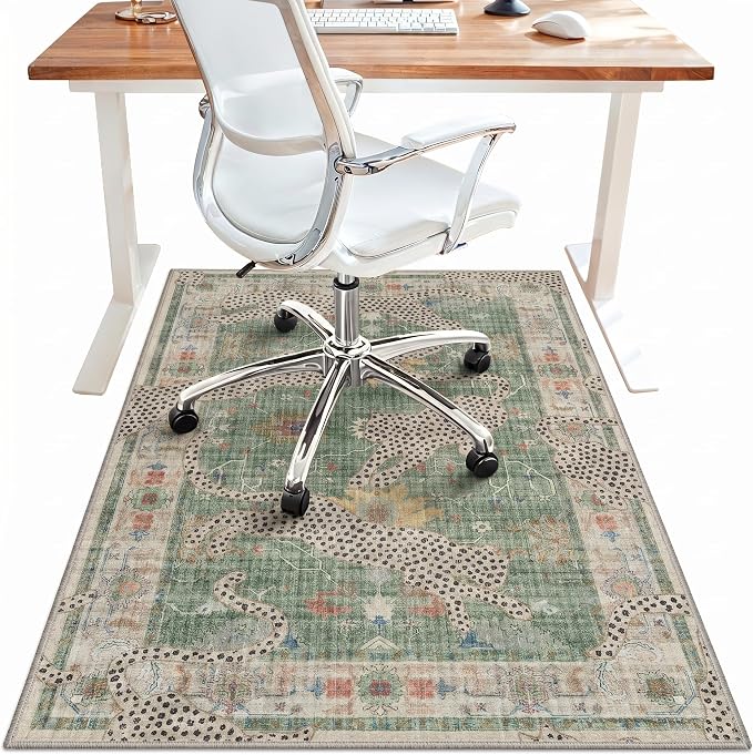 48"x72" Office Chair Mat for Hardwood Tile Floor, Under Desk Carpet Protector for Rolling Computer Chair Mat, Machine Washable Area Rug, Anti-Slip 1/5" Thick Low Pile Thin Floor Mat, Leopard Green