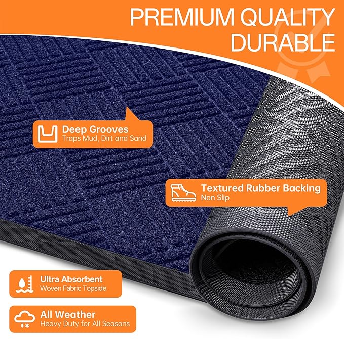 Indoor Outdoor Door Mat, 5’x 3' Doormat for Entryway, Rubber Backing Non Slip Front Door Mat Outside Entrance, Super Absorbent Commercial Floor Mat for Home Office, Blue